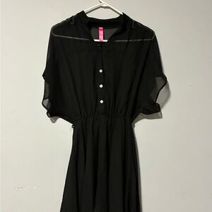 Black Short Sleeve Button Front Midi Dress